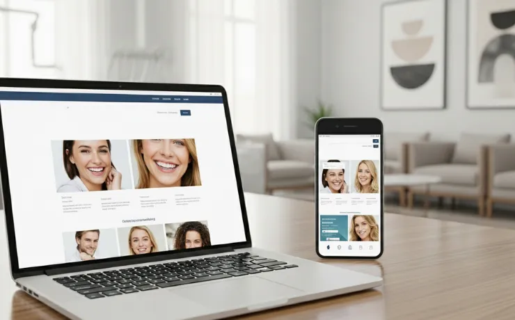 Patient using a smartphone to book a dental appointment on a fast mobile-optimized clinic website at home during daytime