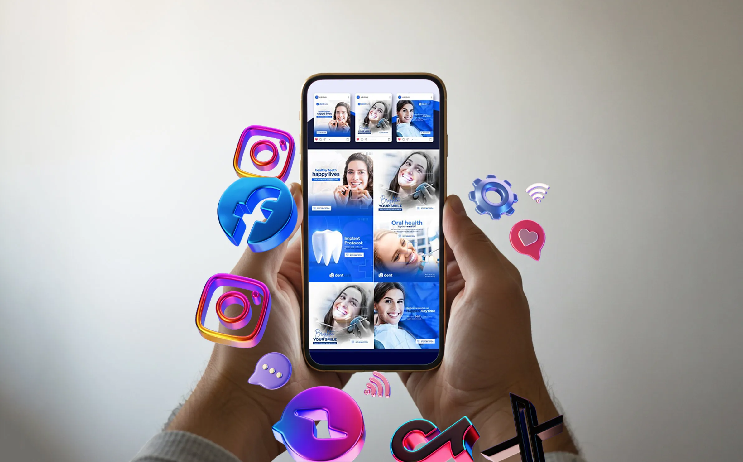 Dentist filming a short educational video in a modern dental office, smiling team behind, using phone for social media