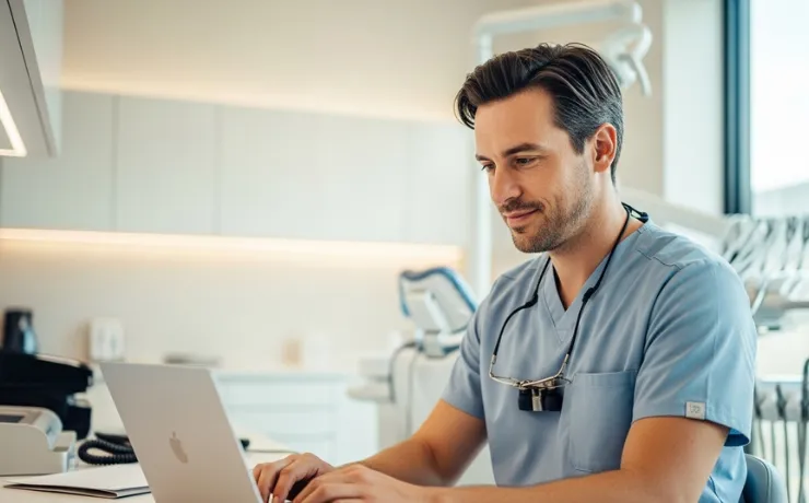 Dental team photographing a smiling patient before-and-after, planning social media campaigns on a tablet in modern clinic.