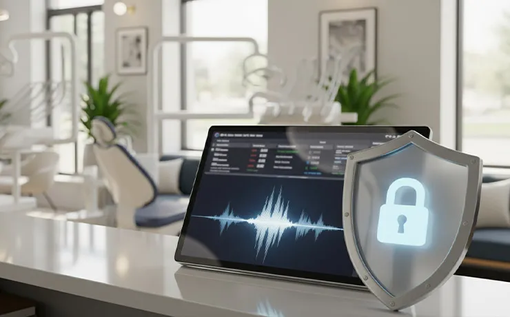 Dentist reviewing AI receptionist security dashboard on clinic computer, with lock icons and patient data charts displayed