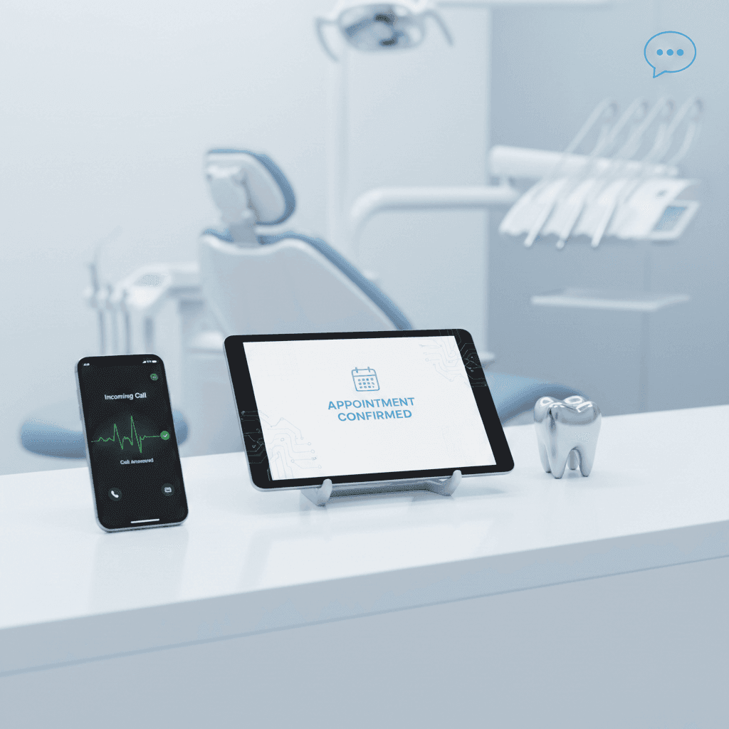 A modern dental reception desk featuring a smartphone with a call waveform and a tablet confirming an appointment, set against a bright, clinical background with a blurred dental chair.