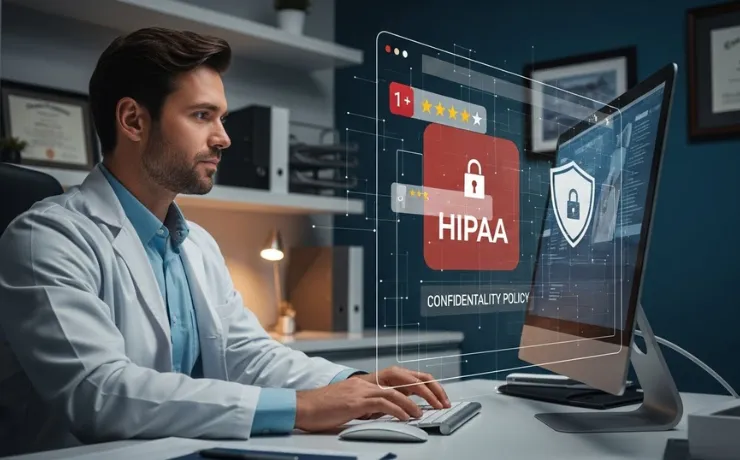 Dentist reviewing a negative online review on a computer in an office, calmly drafting a HIPAA-compliant response safely