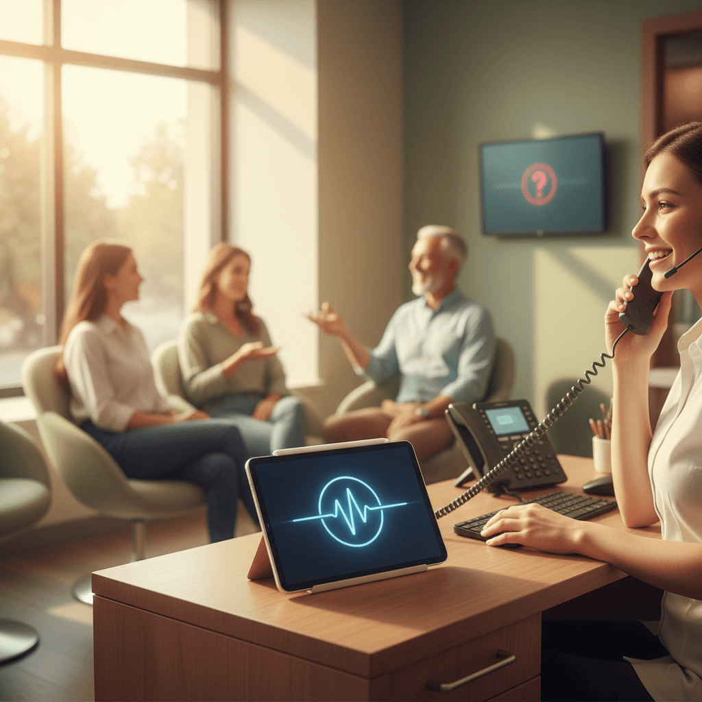 Dental office front desk with AI receptionist software answering calls on a computer while staff assist patients background
