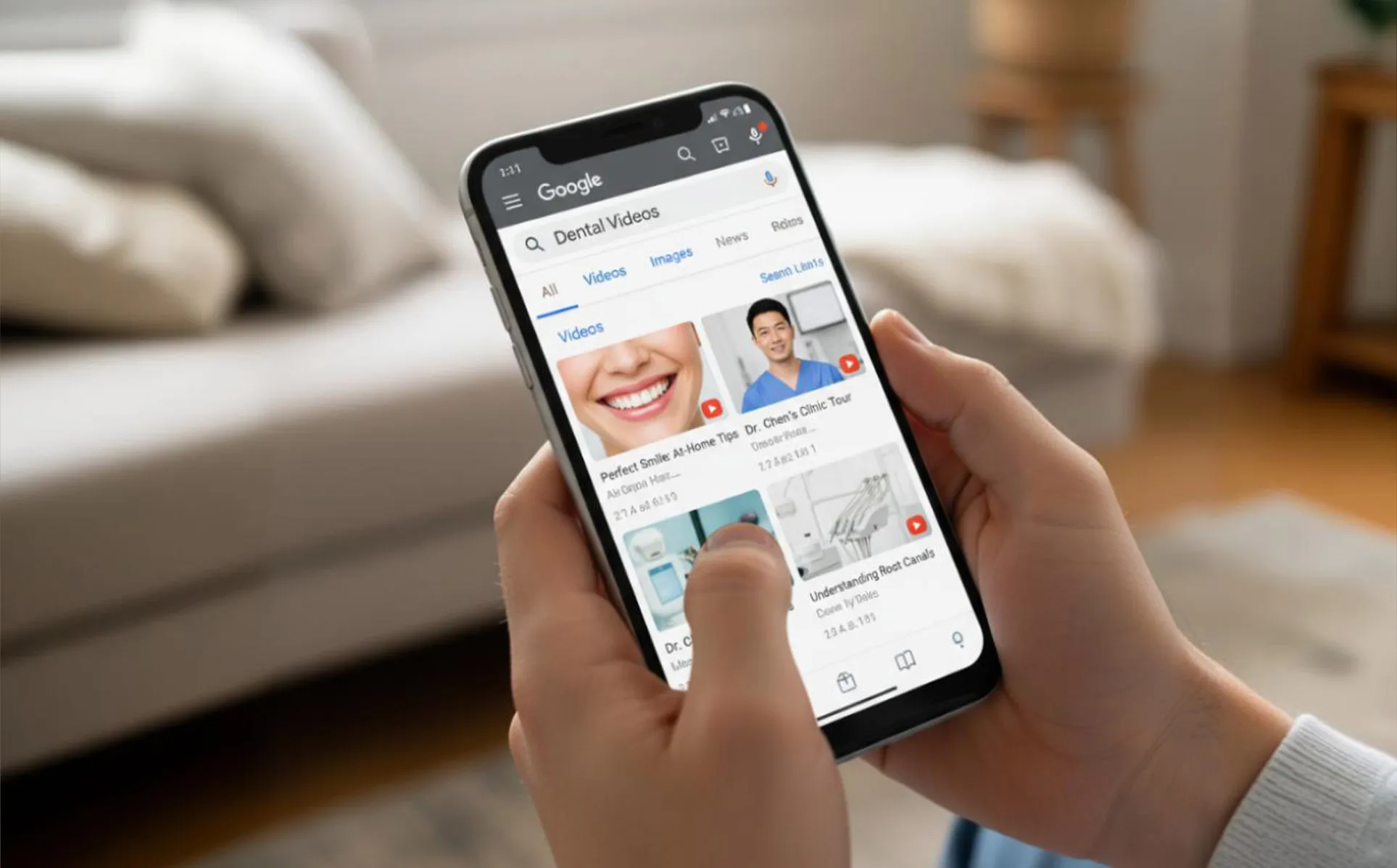 Dentist recording an educational video in a bright clinic, explaining dental procedures to camera with lighting microphone