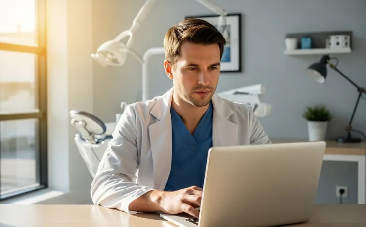 Dentist reviewing digital marketing ROI dashboard on laptop while team analyzes patient leads, revenue metrics, and ad performance