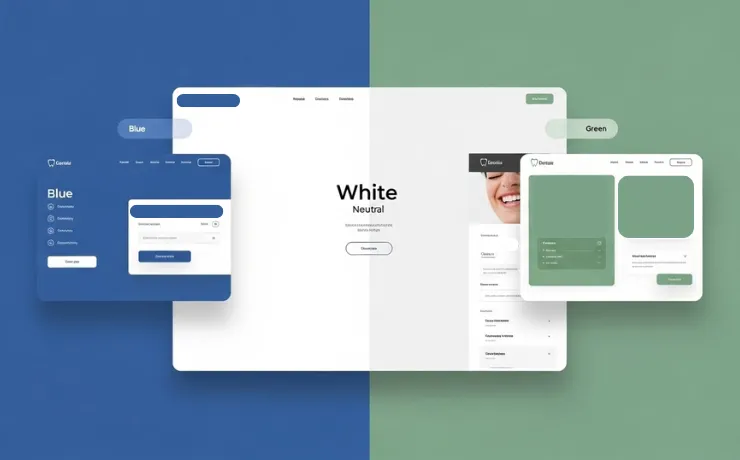 Modern dental website homepage mockup showing blue, green, and white color palettes on screen calming patient trust