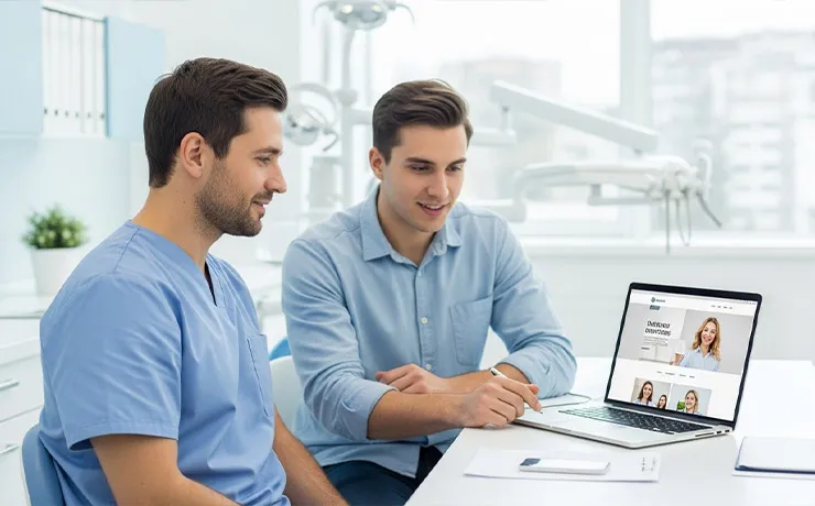 Dentist and web designer reviewing a dental website redesign on a laptop, discussing mobile layout, appointment buttons
