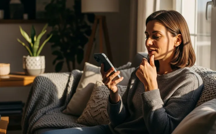 Dental patient speaking with a friendly AI virtual assistant on a tablet inside a modern dental office reception area