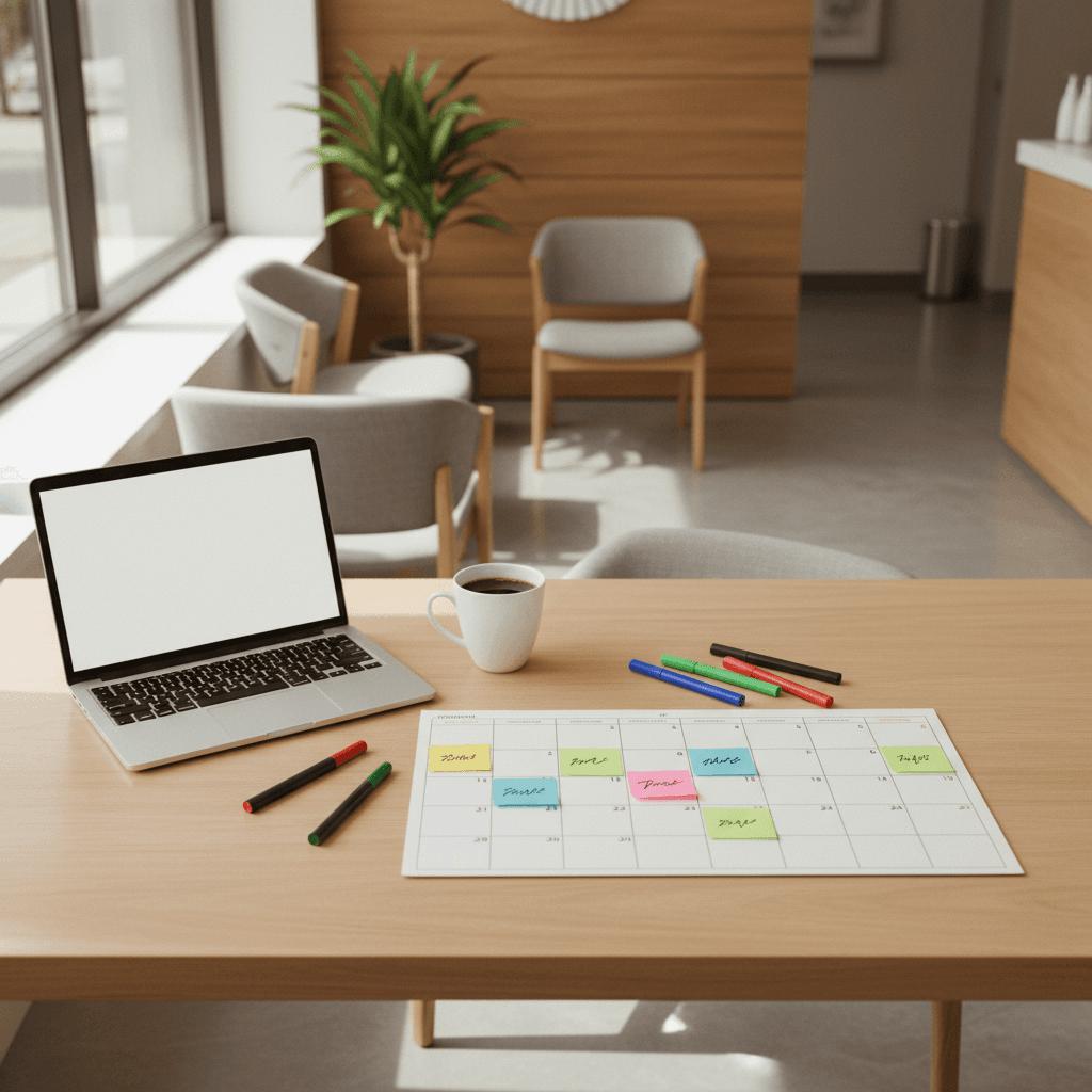 Overhead view of a content planning session with calendar, sticky notes, and laptop for a dental marketing content plan