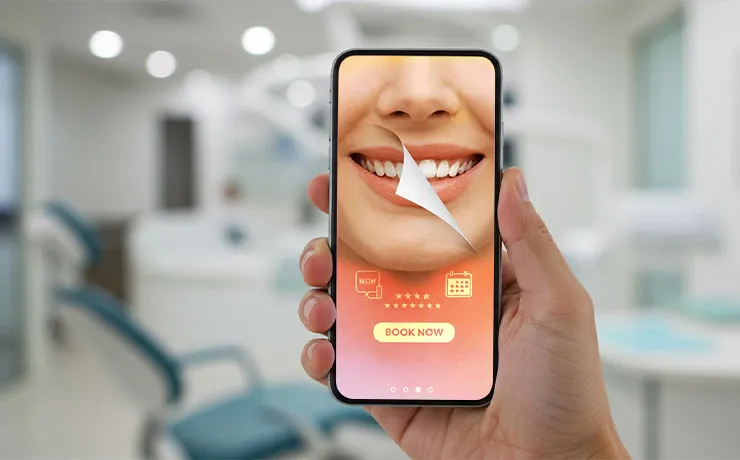 Modern dental team reviewing ad results on laptop, showing before-and-after smile photos, Google Maps listings, and social