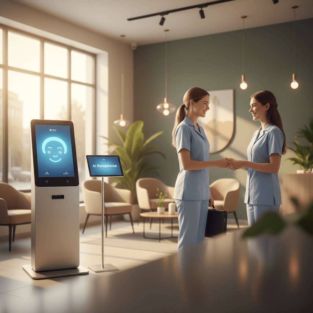 Modern dental front desk with receptionist wearing headset beside computer, AI virtual assistant interface on screen
