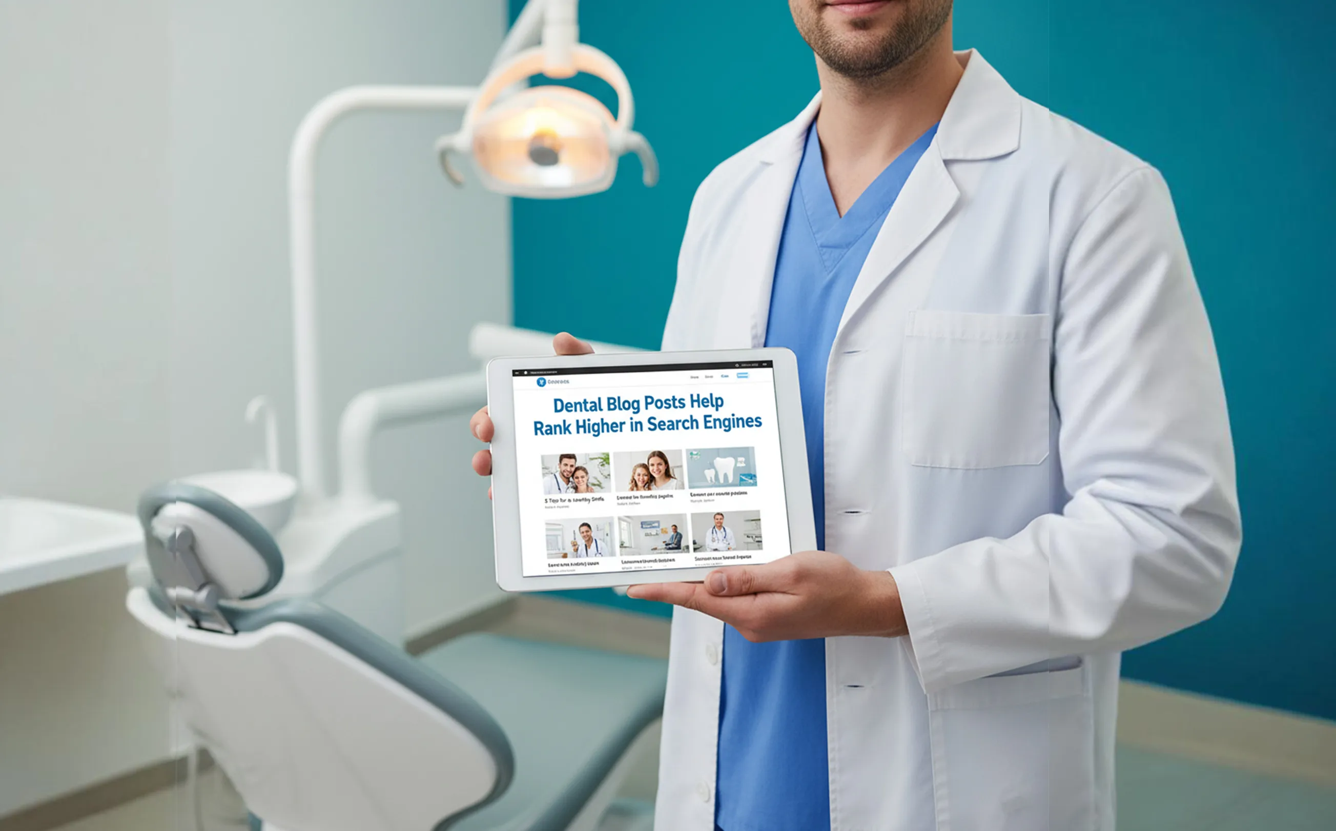 Dentist at modern desk reviewing blog analytics on computer, planning SEO content while education dental posts appear screen