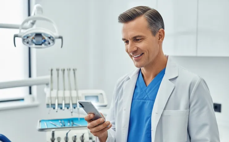 Dentist reviewing website platforms on laptop with marketing charts, comparing WordPress Wix Squarespace for patient-friendly