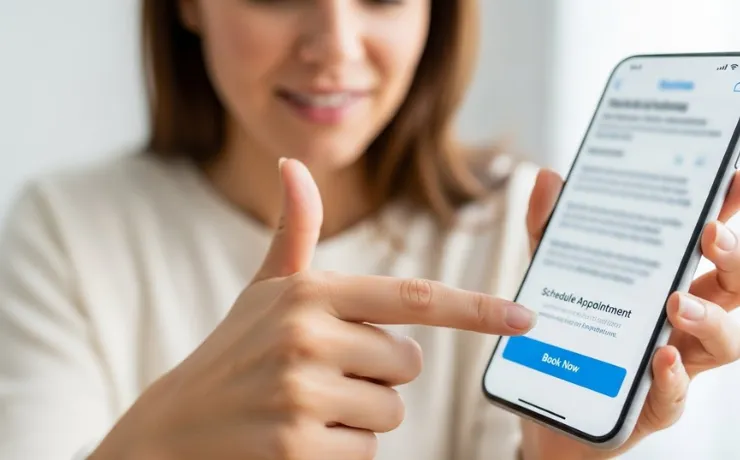 Dentist website shown on smartphone, patient holding phone one-handed while thumb easily taps large bottom booking button