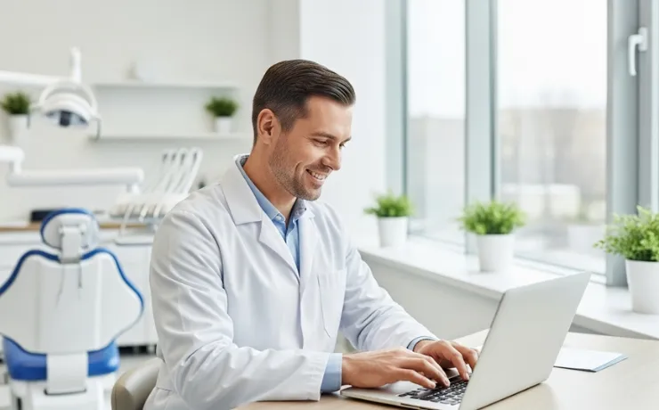 Smiling dentist reviewing SEO keyword plan on laptop with local maps and dental icons, focused on attracting local patients