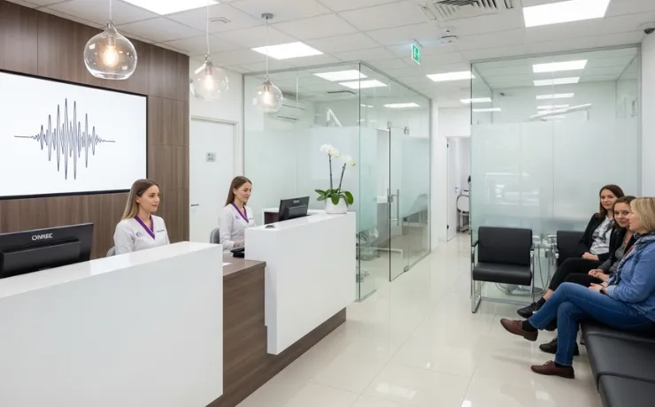 Dental office front desk where a friendly AI receptionist interface assists a patient booking an appointment on a tablet