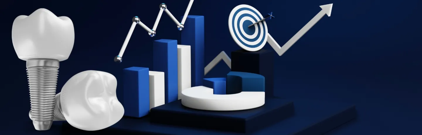 Dentist reviewing marketing dashboard on laptop while team discusses SEO, ads, and social media strategy in modern clinic