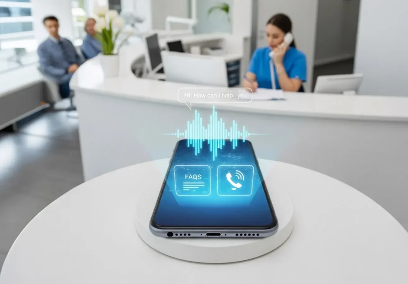 AI receptionist screen and dental front desk staff greeting patients as calls auto-answered during busy clinic hours