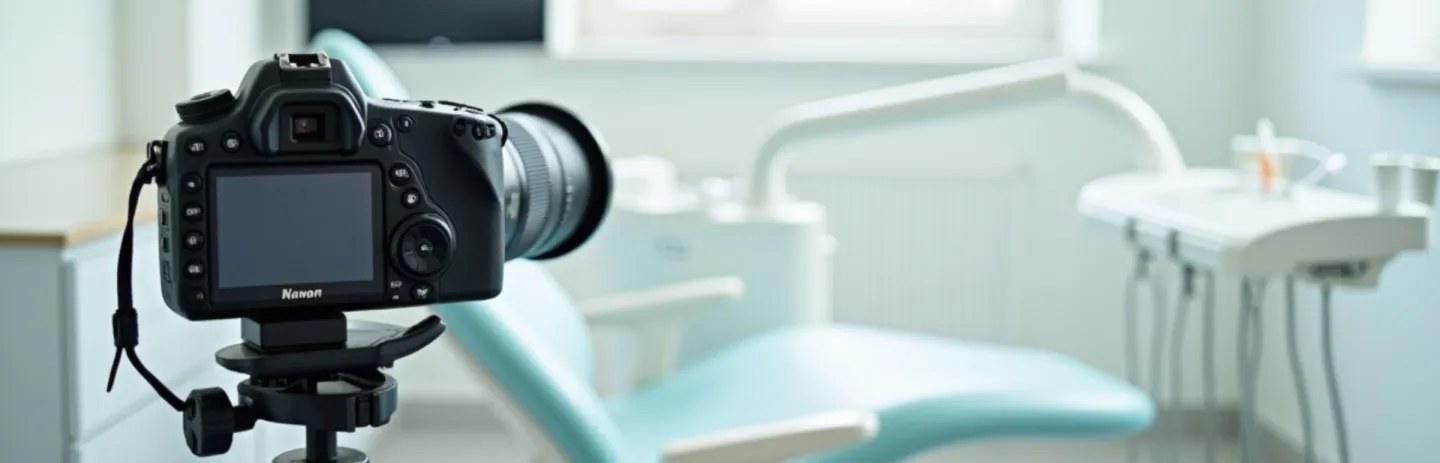 Dentist filming patient testimonial with camera and lights in bright dental clinic, showing equipment and friendly staff
