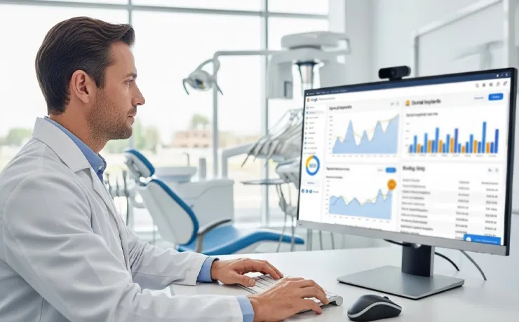 Marketing team reviewing multi-location dental SEO dashboards on laptops, showing city pages, maps, and growth charts
