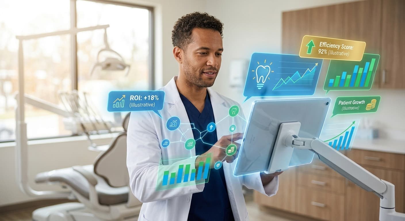 Dentist viewing glowing data dashboard visualization for practice intelligence.
