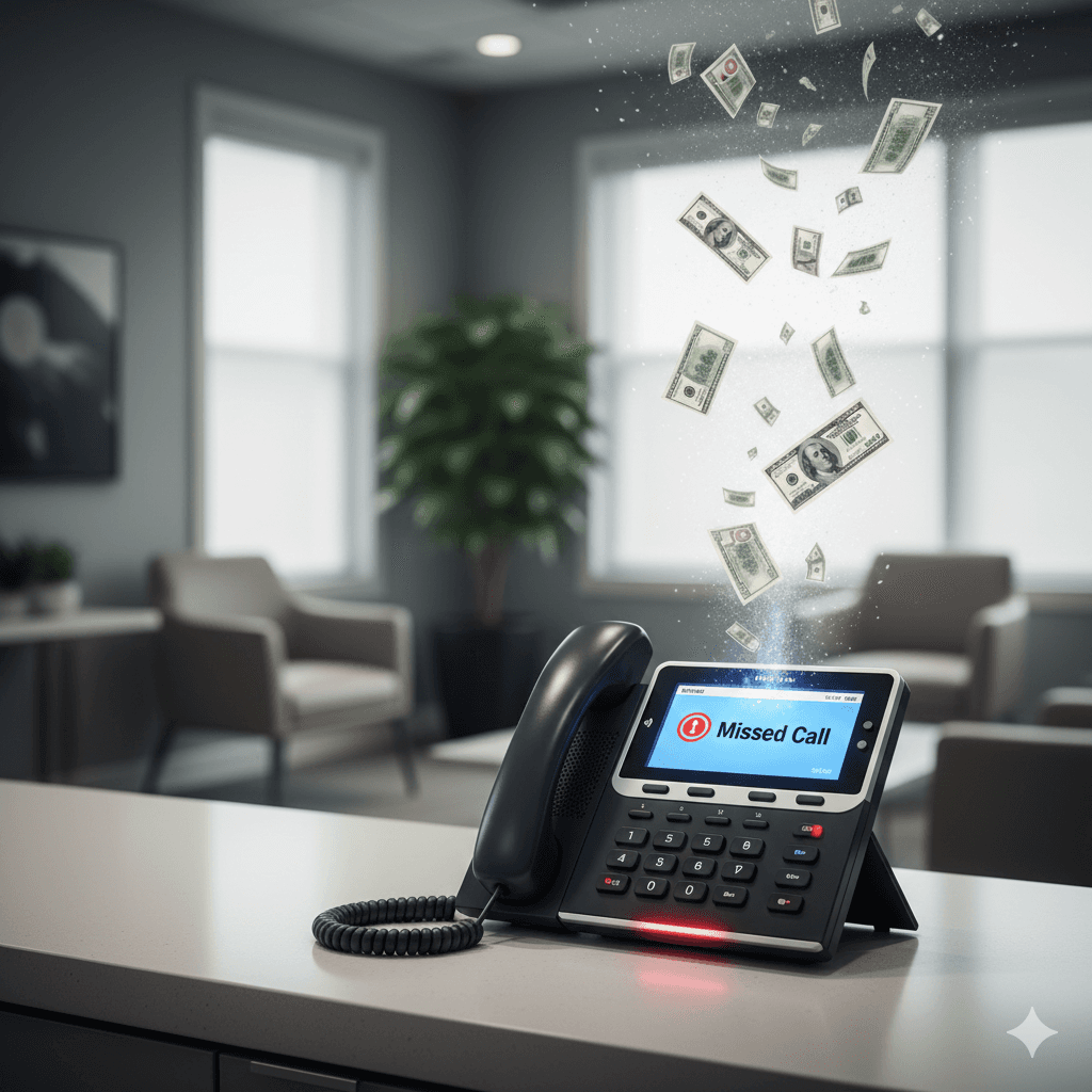 A dental office telephone with a missed call alert on the screen, as US dollar bills float away from the handset, symbolizing lost income.
