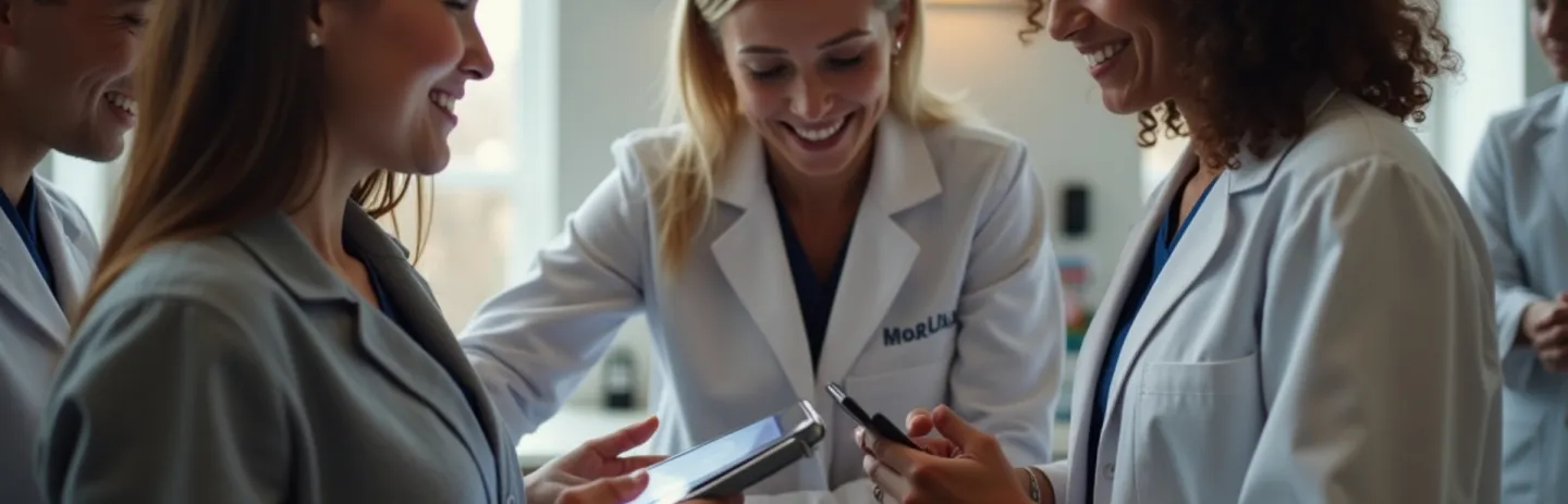 Dentist filming a friendly Instagram Reel with staff in a bright dental clinic, showcasing smiles, tools, and patient care