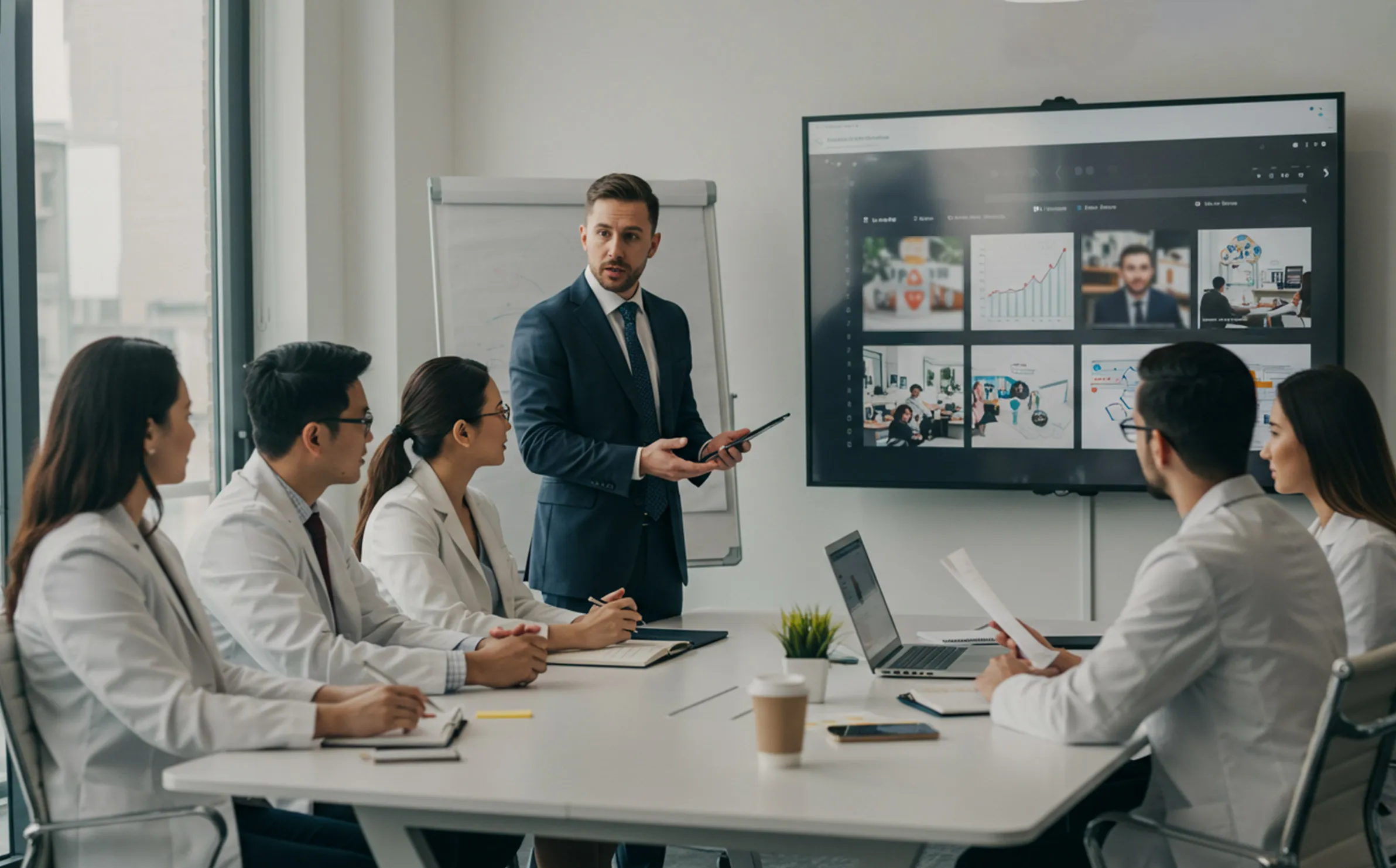 Modern dental clinic team reviewing digital marketing on laptop, planning local SEO, ads, and social media for 2025 growth