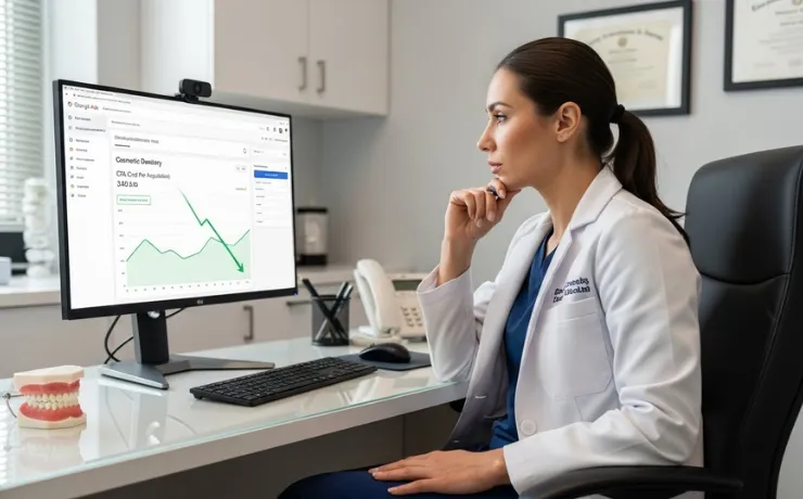 Dentist reviewing PPC campaign data on laptop while showing smile makeover ads and CPA metrics to cosmetic dental team