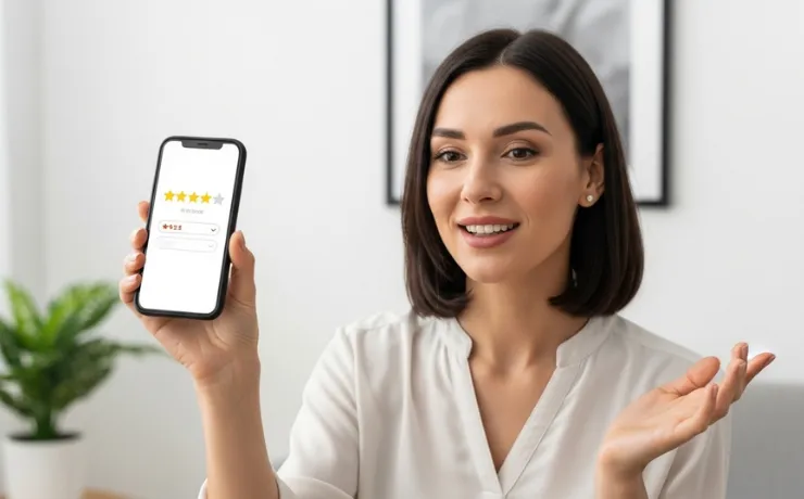 Smiling dental team reviewing online patient reviews on laptop in modern clinic, monitoring ratings and responding calmly