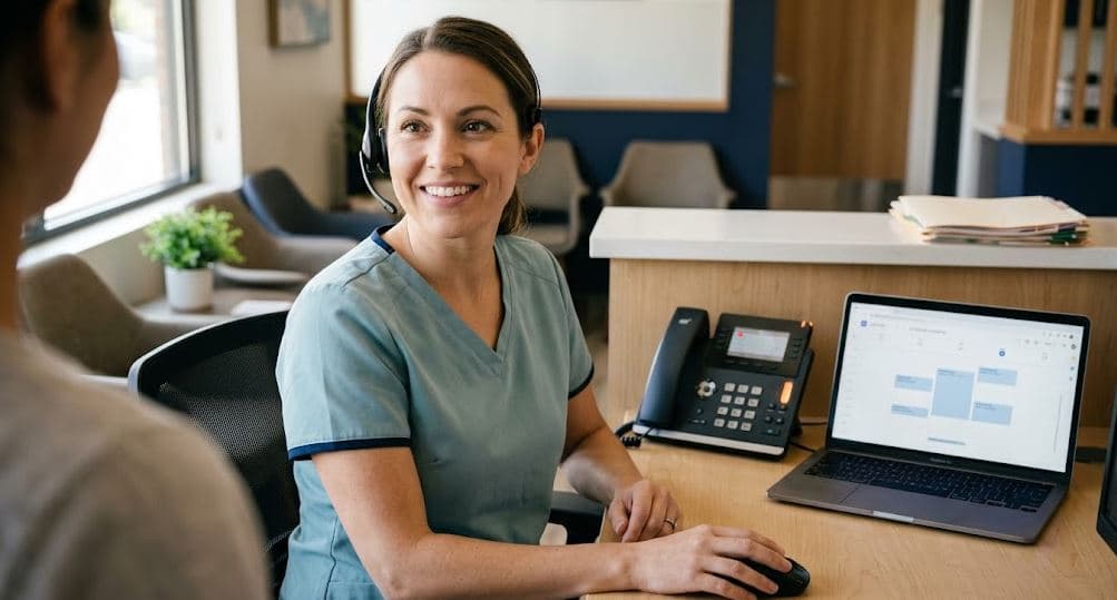 Dental office front desk with AI receptionist software answering calls on a computer while staff assist patients background