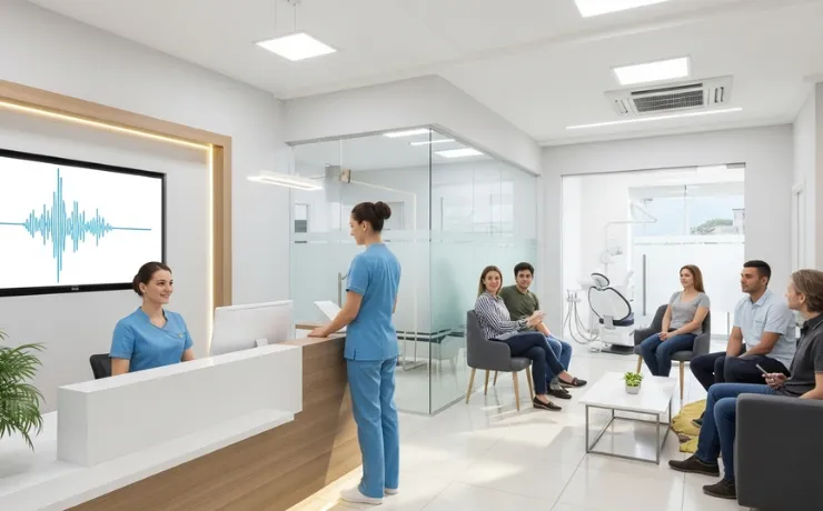 Dental office front desk with AI receptionist software answering calls on a computer while staff assist patients background
