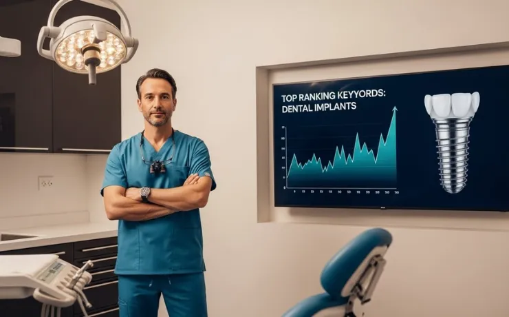 Dentist reviewing dental implant website SEO analytics on laptop while patient consult room shows implant models and map