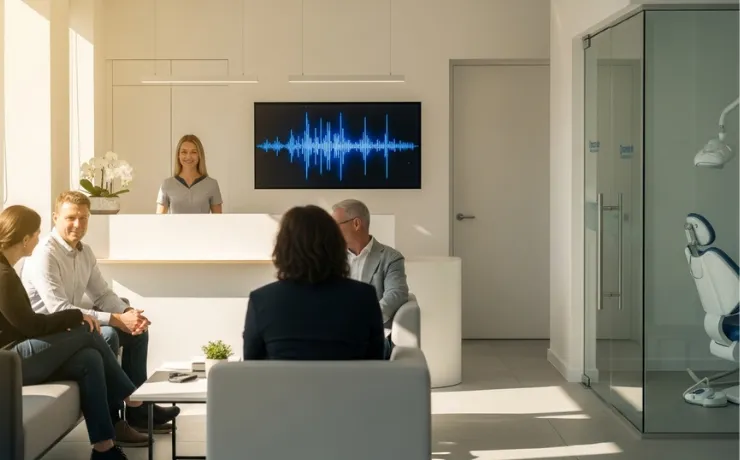 Modern dental front desk with receptionist wearing headset beside computer, AI virtual assistant interface on screen