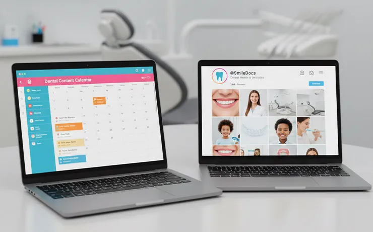 Dental team planning a monthly social media calendar on a laptop, reviewing post ideas, dates, and patient-friendly graphics