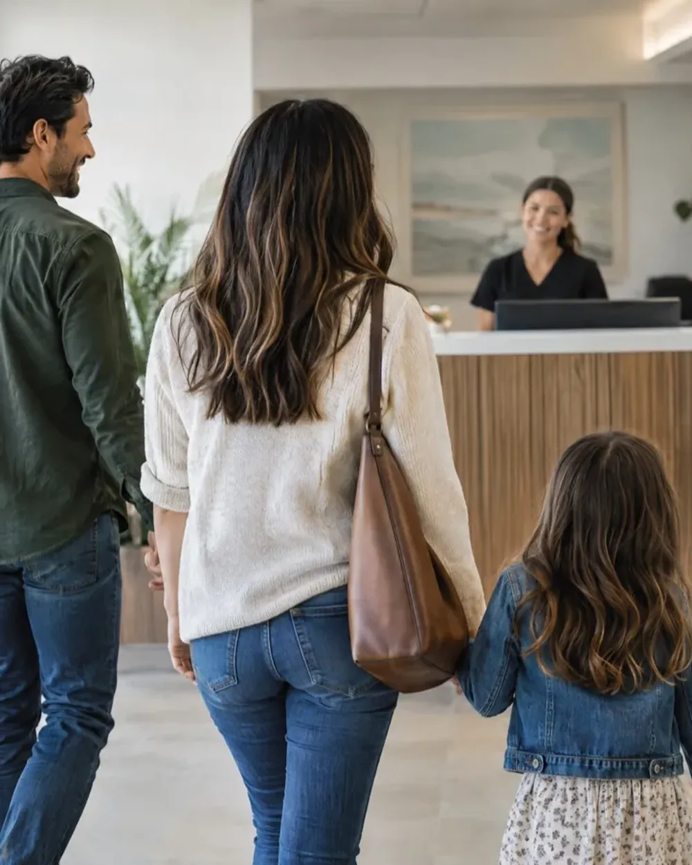 A mother, father and young daughter walking into a bright dental practice reception while a team member behind the front desk looks up and smiles to greet them