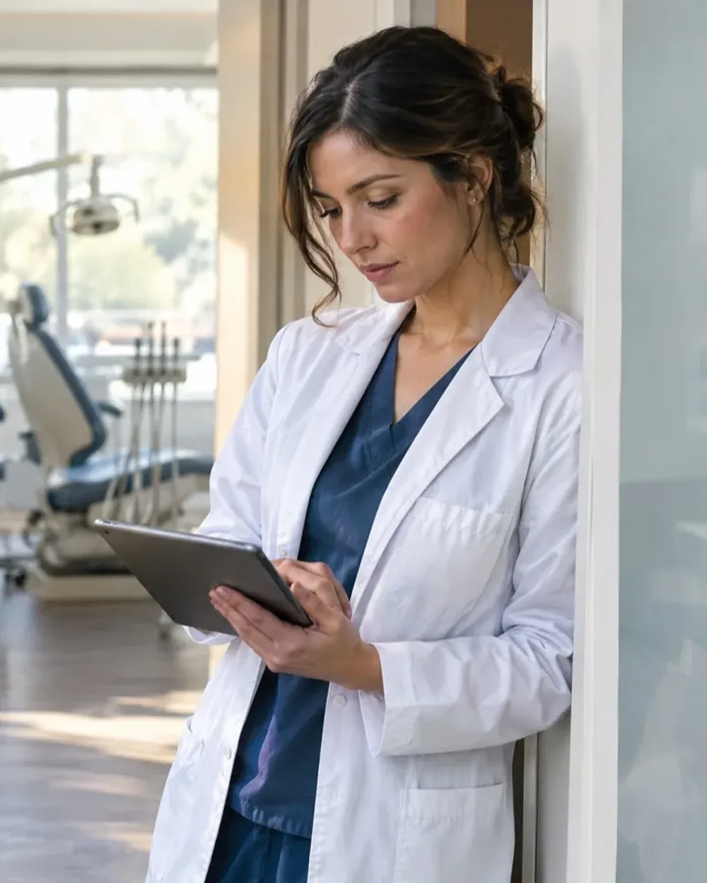 A practice owner in a white coat pauses in a bright corridor between patients to glance at a tablet, an operatory softly out of focus behind her.
