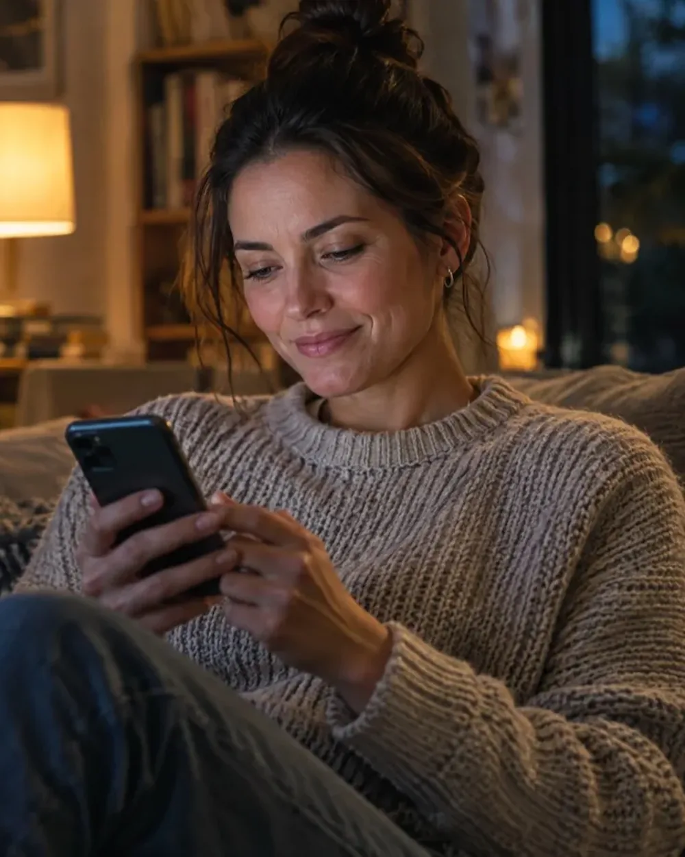A woman curled up on a sofa in the evening, texting on her phone under warm lamp light.