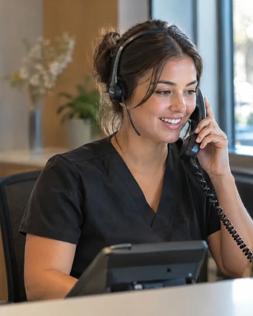 A dental receptionist in navy scrubs at the front desk, talking on a desk-phone handset, a headset resting beside the phone.