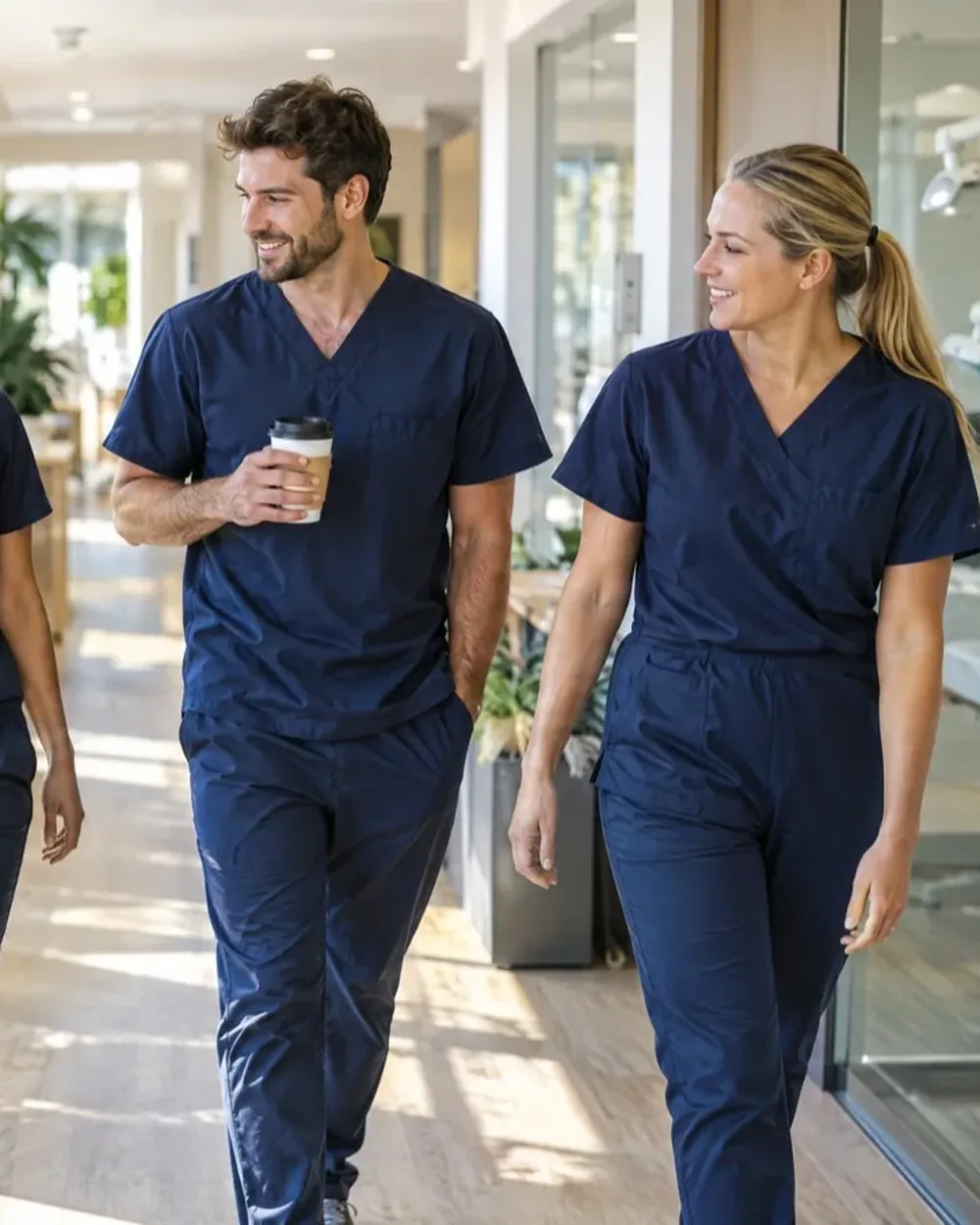 Three dental team members in navy scrubs talking in a bright practice corridor between patients.