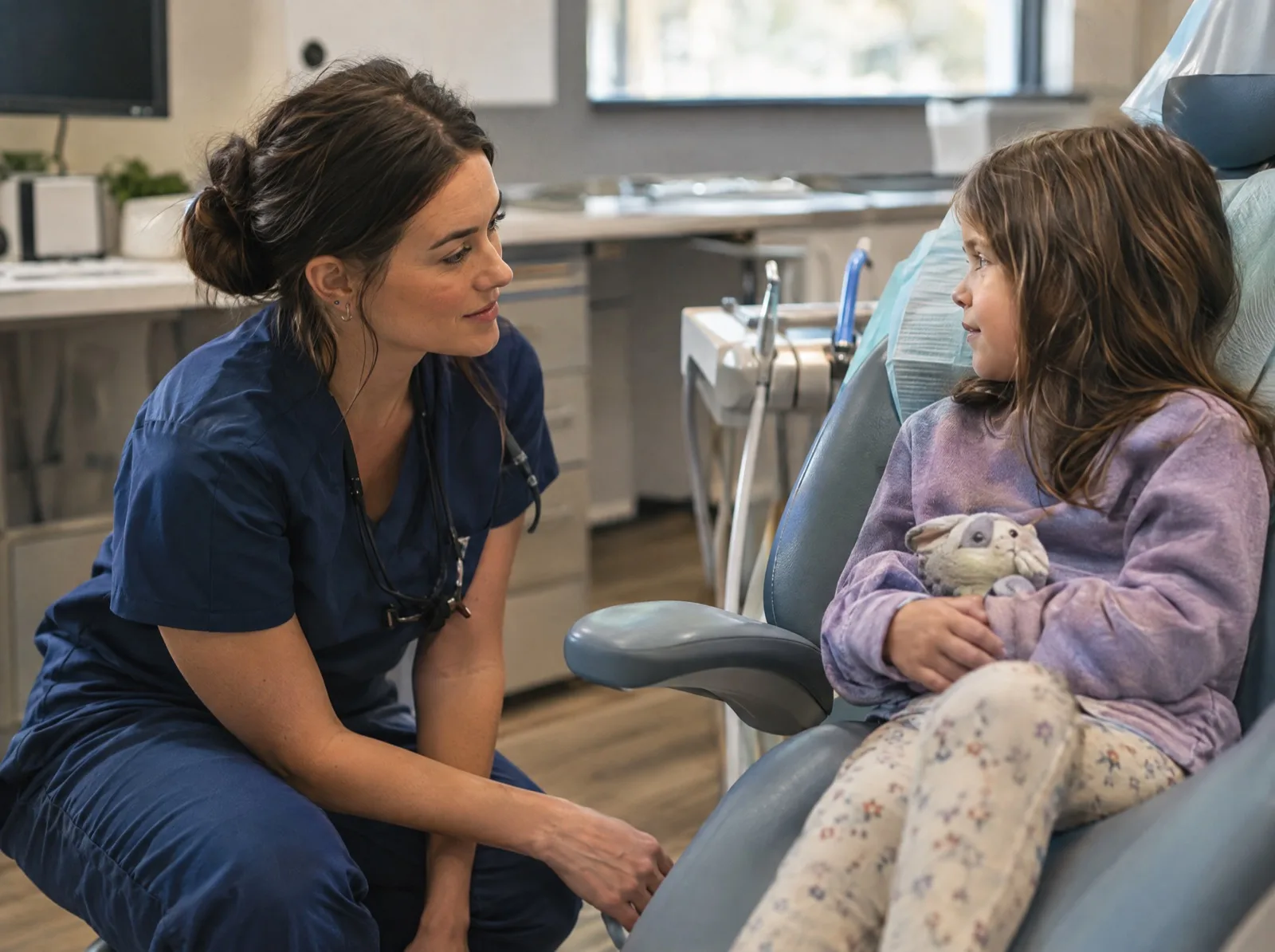Dental hygienist in navy scrubs seated beside a young patient holding a stuffed toy in the dental chair, inside the example practice website