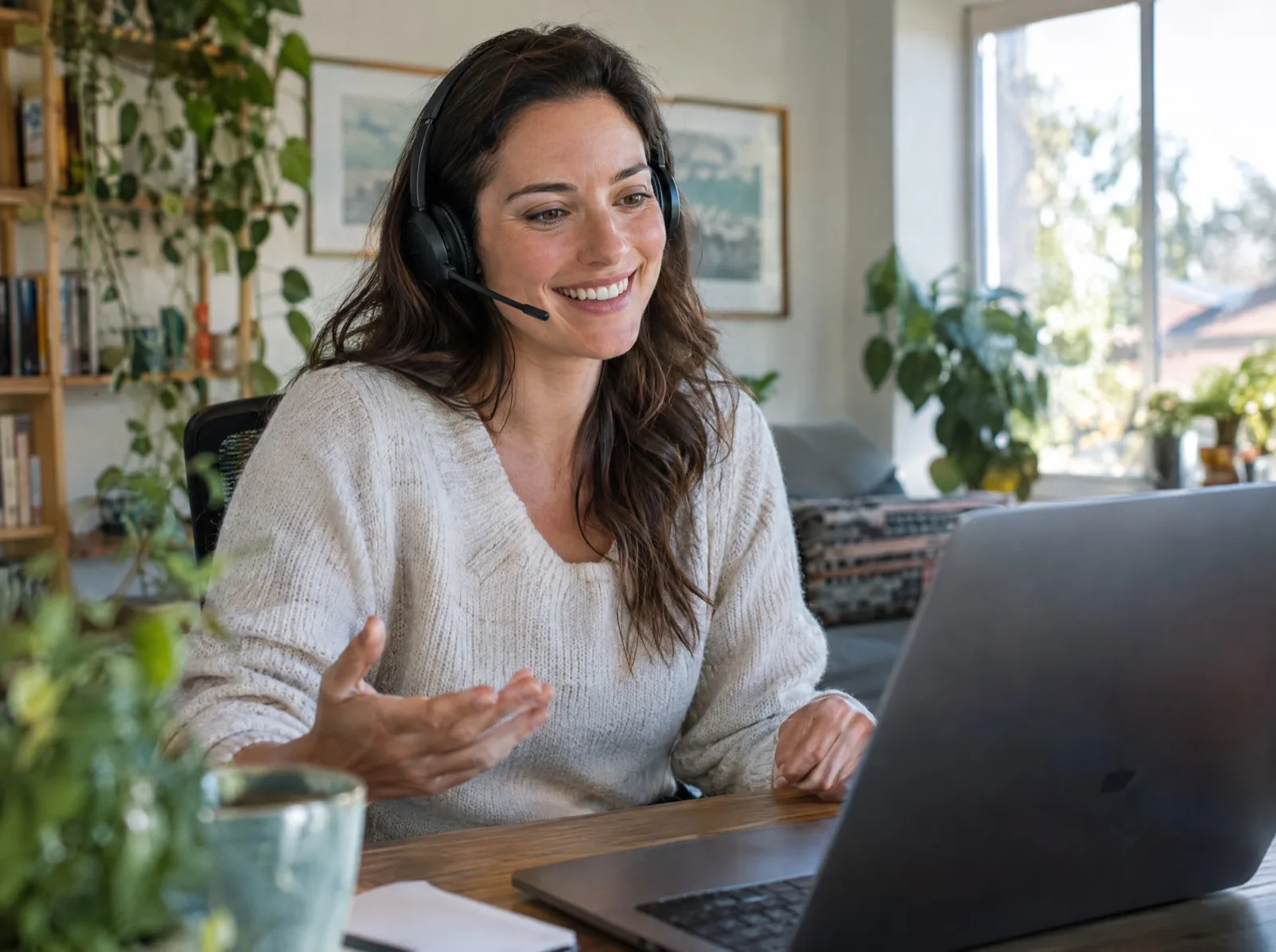 A customer success manager on a video call with a dental team, headset on, notebook open beside her laptop.
