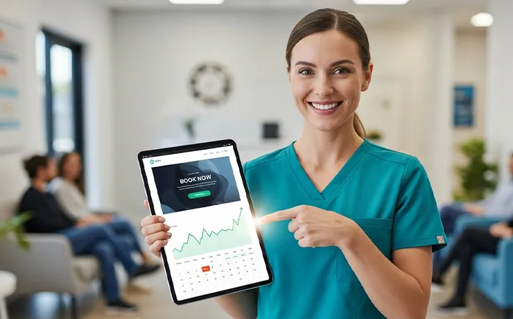 Dentist reviewing a mobile-friendly landing page while patient books appointment on smartphone at clinic desk during visit