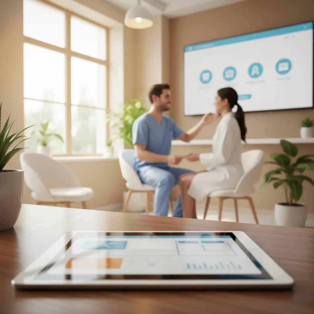 Dentist reviewing a modern, mobile-friendly dental website with appointment booking on a tablet in a bright clinic office