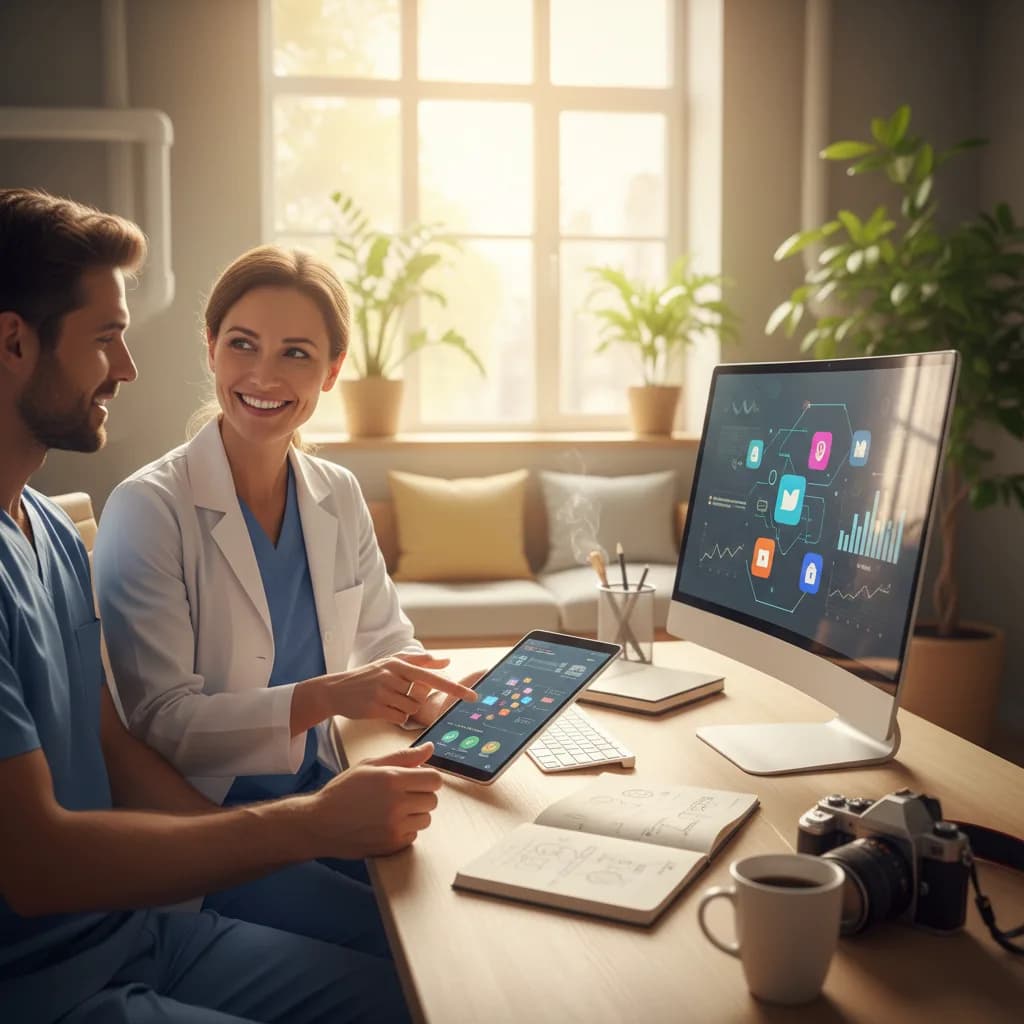 Dentist filming a friendly Instagram Reel with staff in a bright dental clinic, showcasing smiles, tools, and patient care