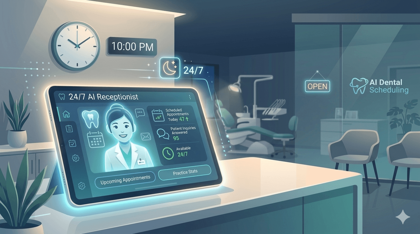 Best AI dental receptionist icon on a glowing tablet managing a busy 24/7 appointment calendar.
