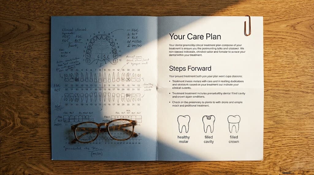 Dental treatment plan presentation prompts shown beside a plain-language patient treatment summary on a practice desk