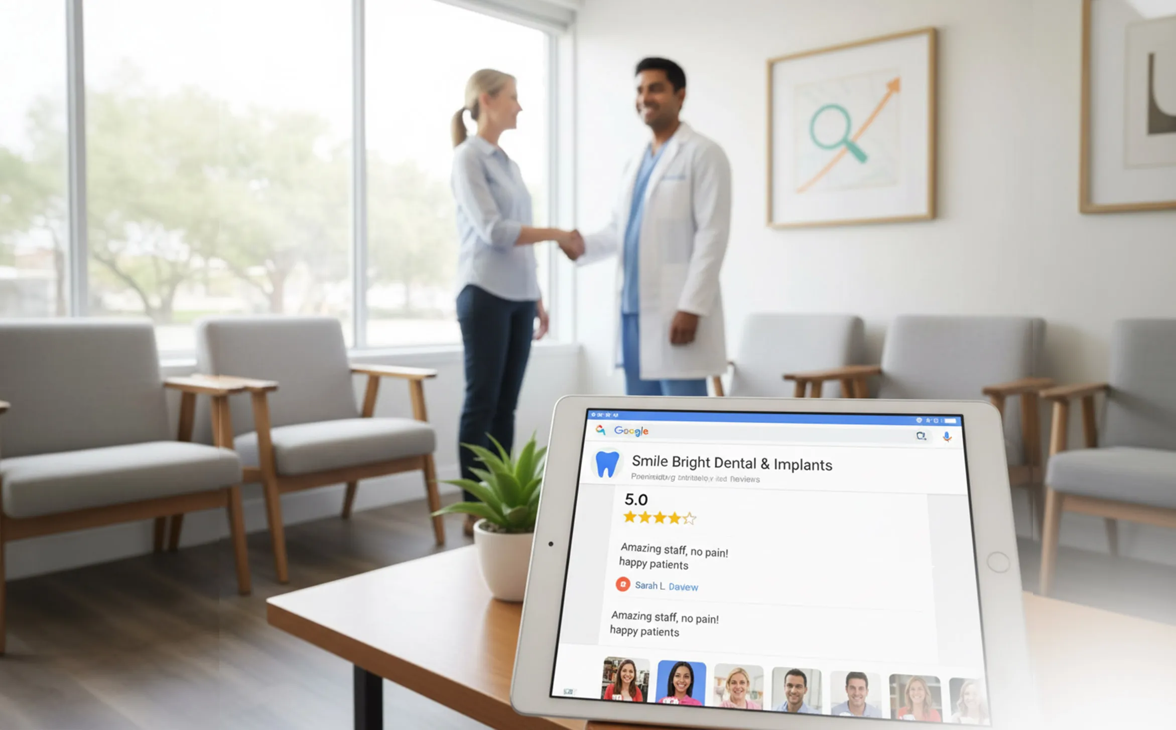 Smiling patient shows phone with five-star Google review as dentist and staff stand in modern dental reception area