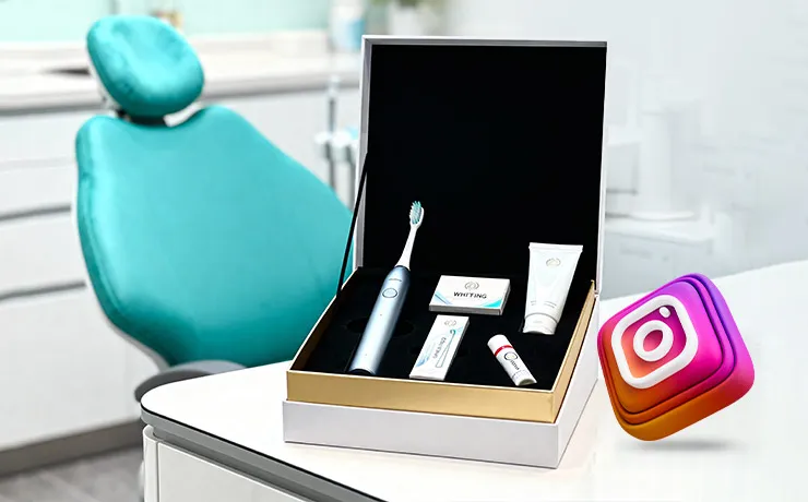 Dental team member holding smartphone showing Instagram giveaway post beside smiling patients in modern dental office