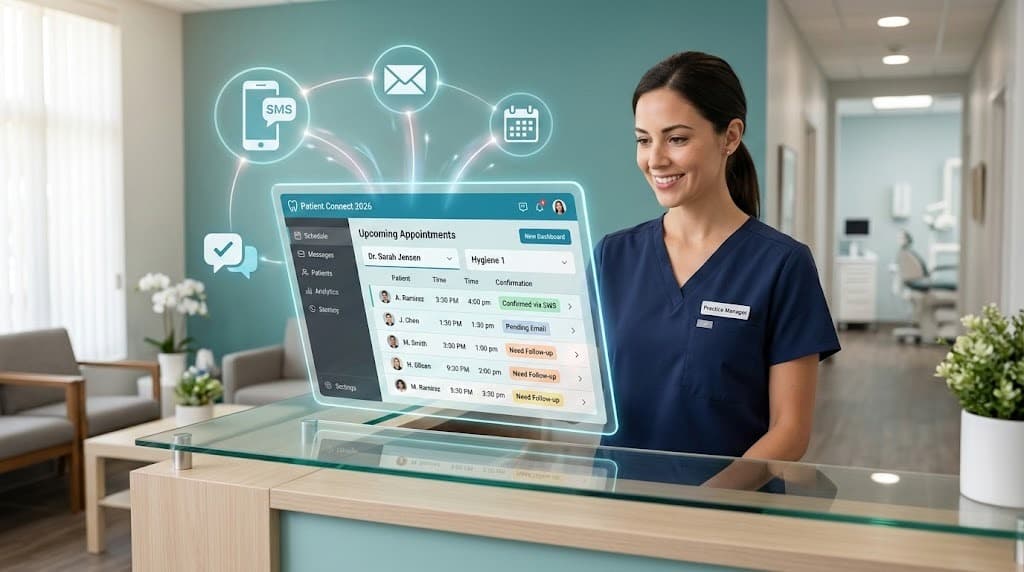 Modern dental office manager using a tablet-based appointment reminder system dashboard.